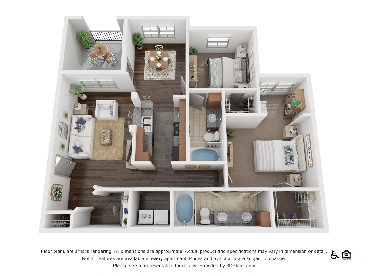 Floor plan for 2 beds, 2 baths, 1175 sqft